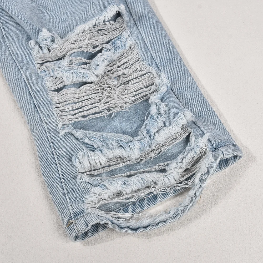 Fashion Pocket Stitching Hollowed-Out Hole Beggar Style Street Casual Straight High Waist Jeans factory