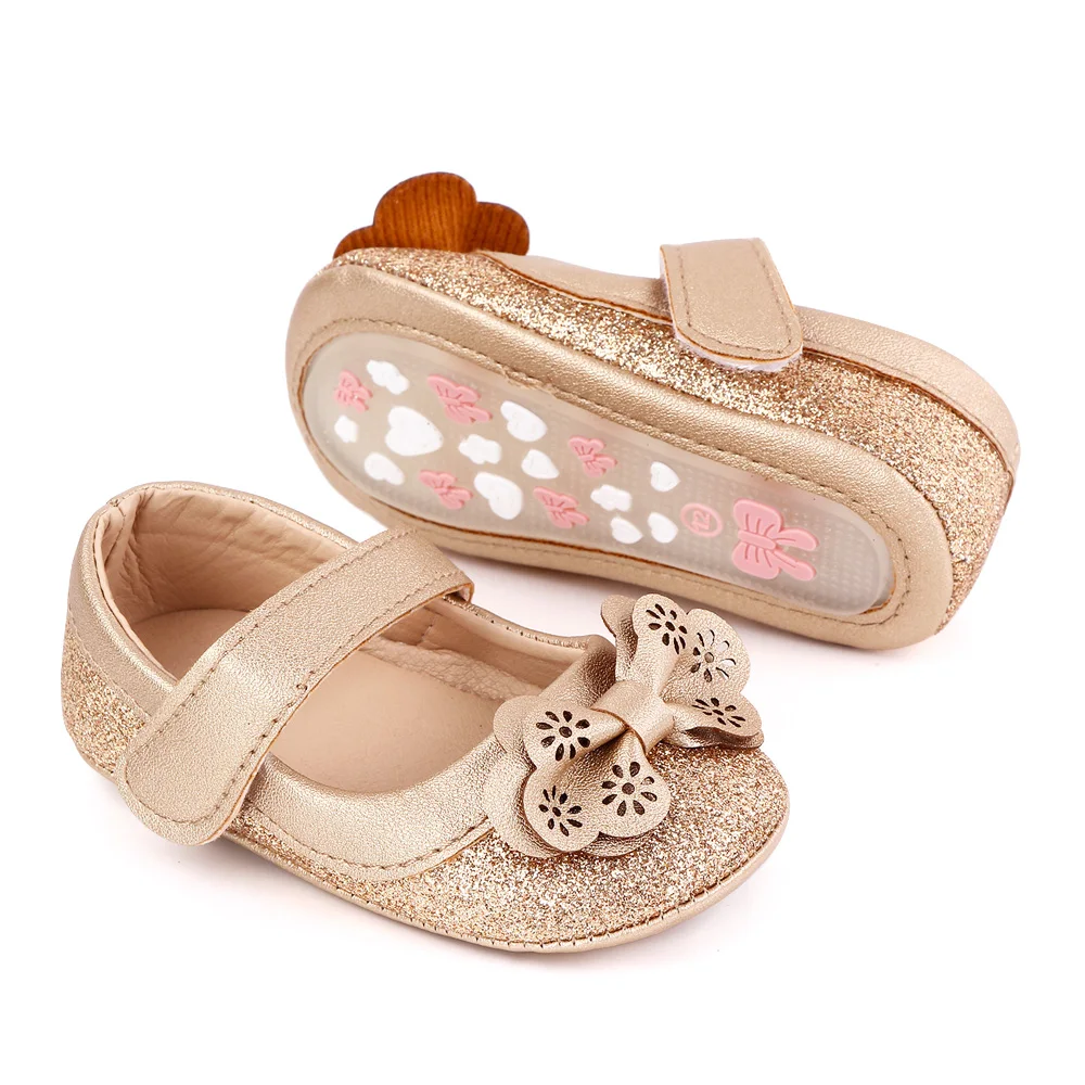 Baby Girls Princess Shoes Shining Glitter Hollow PU Bow Cute Soft Soled Toddler Shoes details