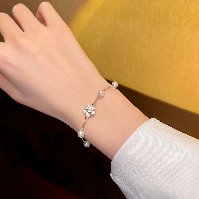 Korean fashion personalized temperament pearl zircon camellia stainless steel fine jewelry bracelets