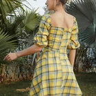 Yellow Yellow Plaid Dress 2021 Square Neckline Short Sleeves Casual Dress Latest Fashion Girl Dress