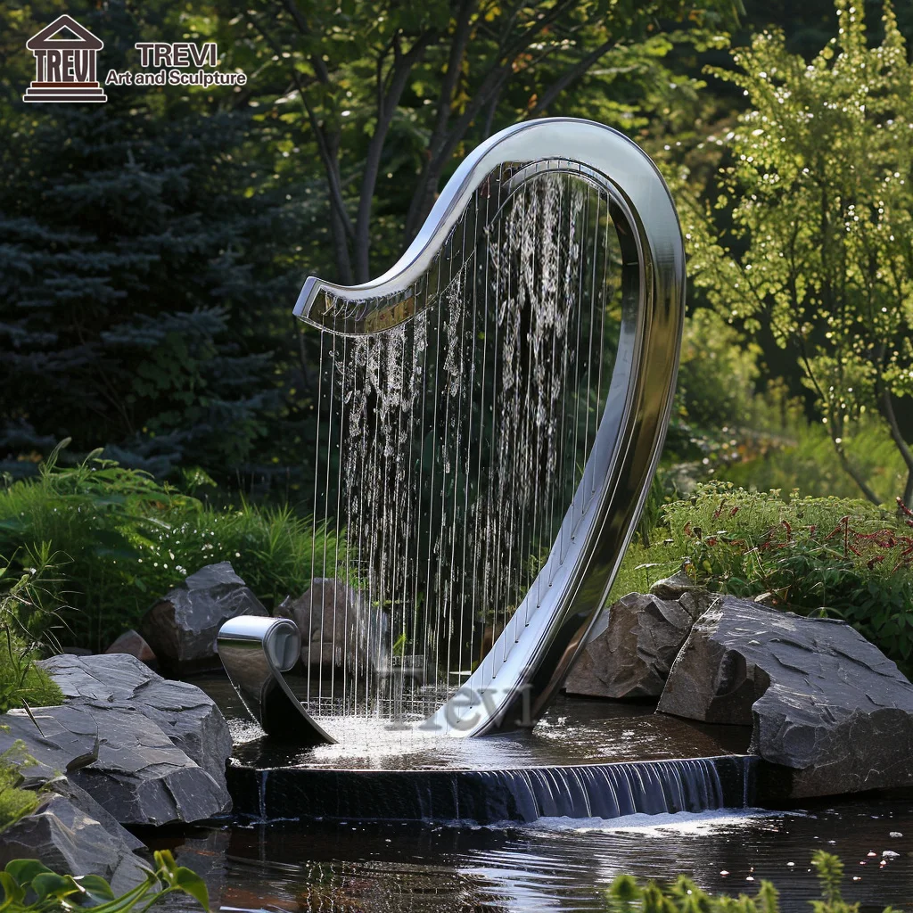 Welded Metal Water Feature Sculpture Stainless Steel Harp Fountain Statue