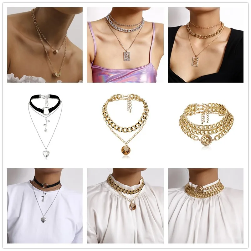 2021 creative gold  necklace for women ,stainless steel multilayer charm necklaces jewelry