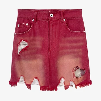 Summer Quality Casual Style Tassle Hole Red Short Denim Skirts for Women