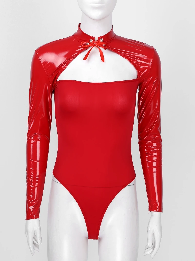 Women Glossy Patent Leather Patchwork Bodysuit Mock Neck Long Sleeve Stretchy Leotard Nightclub