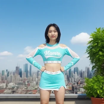 AB&Teal Diamond Customizable Cheerleading Uniform Set Longsleeve Crop Top and Skorts with Custom Applique Logo OEM Design