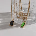 Gemstone Retro Green Black Square Pendant Emerald Stone Gemstone Stainless Steel Box Chain Necklace
