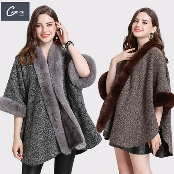 Candice hot sale elegant luxury loose faux fox fur collar knitted poncho shawl women winter cardigans mujer coats 2021