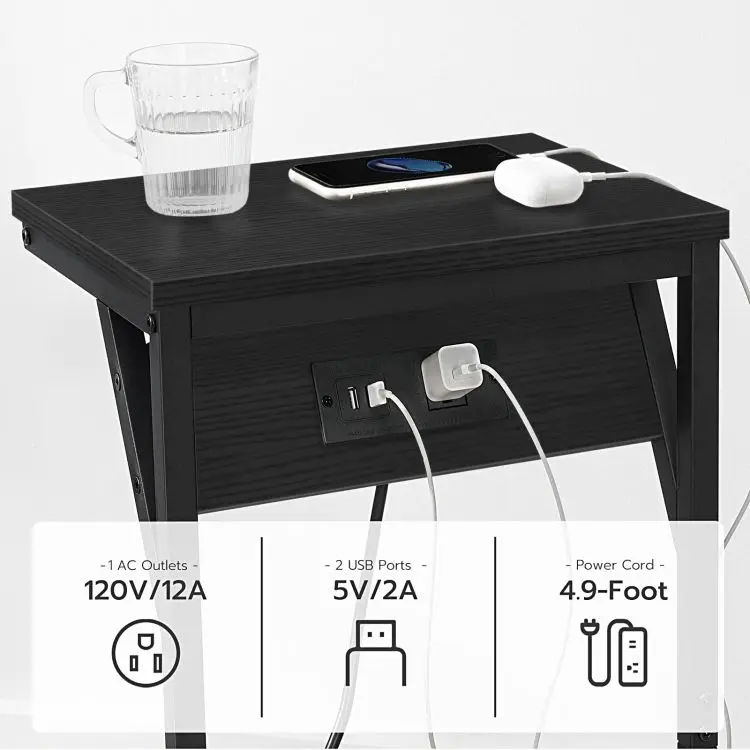 Wholesale Industrial Style Wood Sofa C Shaped Console Table with Charging Station Black C Shaped Side End Table with Storage