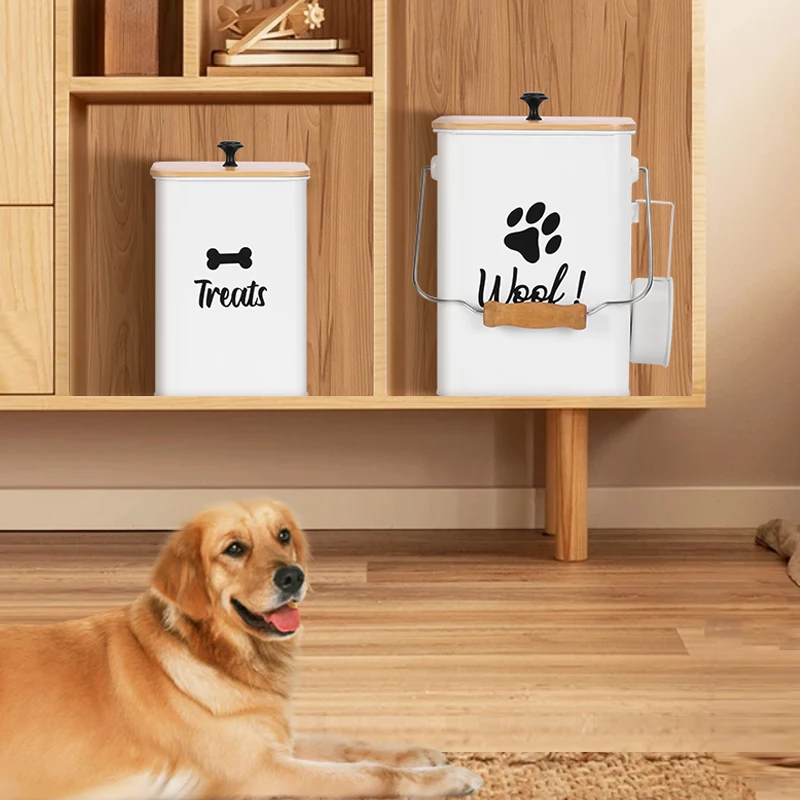 New Arrival Metal Set of Two Pet Food Storage Container Set with Wooden Lid