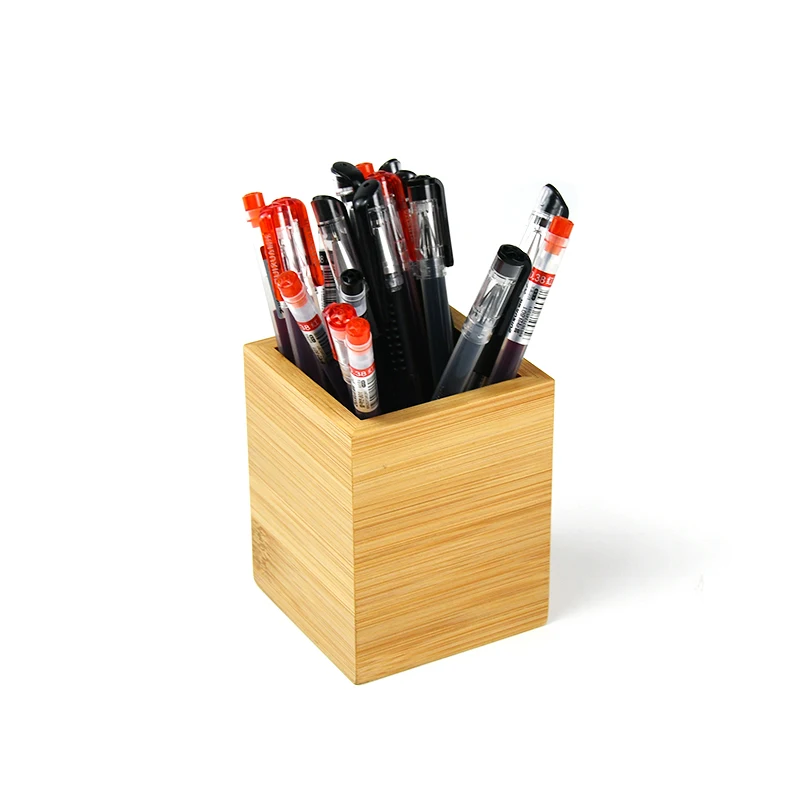 Custom Office Square Handmade Wooden Desk Organizer Bamboo Pen Storage Holder Pencil Pen Stand Container