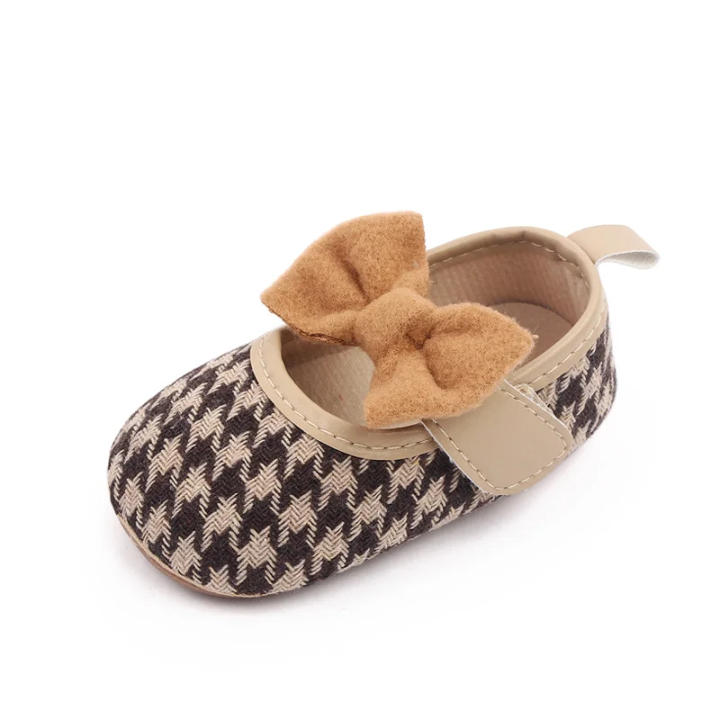 Plush Large Bow Thousand-bird Plaid Vintage Princess Soft-soled Toddler Shoes for Baby Girls factory