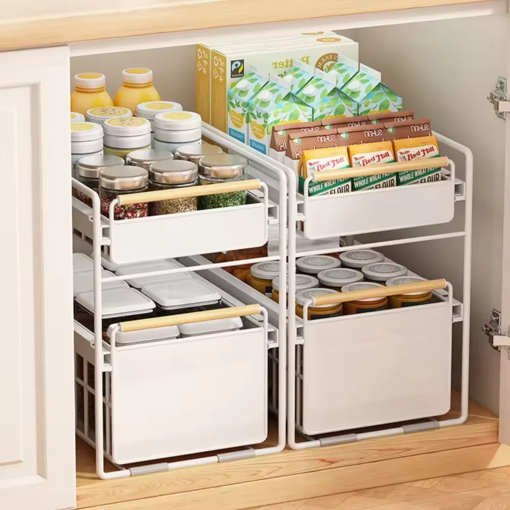 Bathroom and kitchen pull-out storage racks sink storage devices