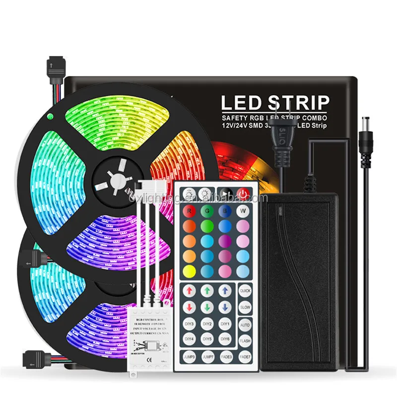 24V 5M RGB LED Strip Light Kit Black PCB Tape Remote & Adapter Colour Changing 