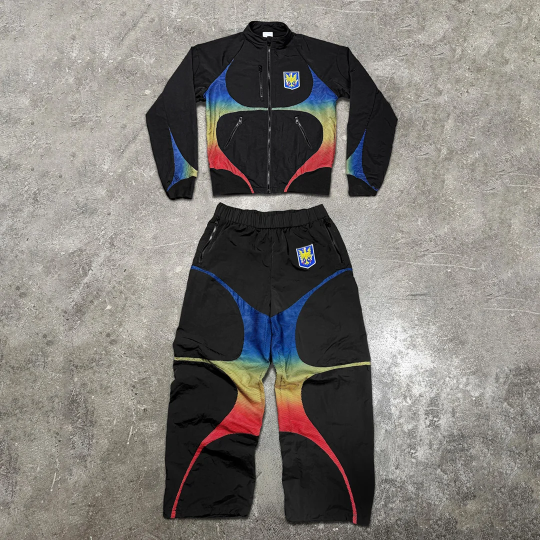 product custom streetwear vintage gradient spliced nylon tracksuit badge embroidered stand collar zip up jacket wide leg sweatpants-0
