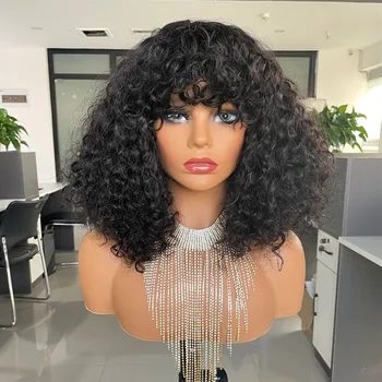 Medo Hot Selling 100% Virgin Hair Raw Afro Curly Wig Fringe Short Curly Human Hair Wig With Bangs For Black Women