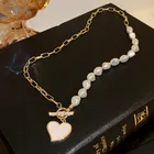 Pearl Women Heart Shell Freshwater Pearl Necklace Statement Iced Out Gold Plated Toggle Necklace