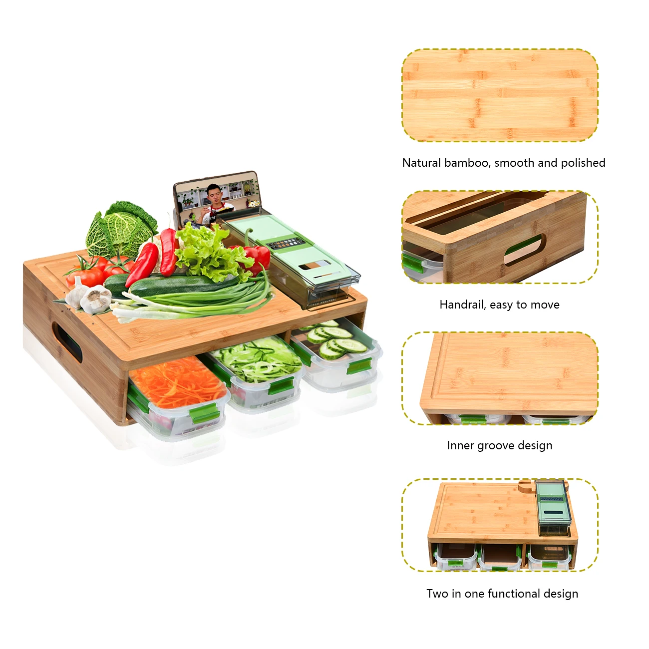 Factory Wholesale Durable Bamboo Wood Cutting Board With 3 Trays Blade And Phone Rack