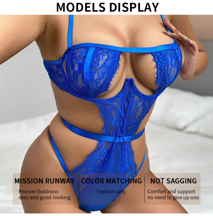 New Design Women Sexy Mesh Lace Lingerie Transparent Blue One