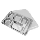Dish With 5 Grids Canteen Use OEM Customer Printed Stainless Steel Food Tray Dish Plate Bowl Dinnerware With Plastic Lid