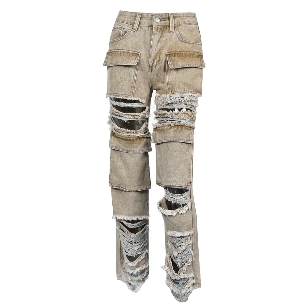 Fashion Pocket Stitching Hollowed-Out Hole Beggar Style Street Casual Straight High Waist Jeans supplier