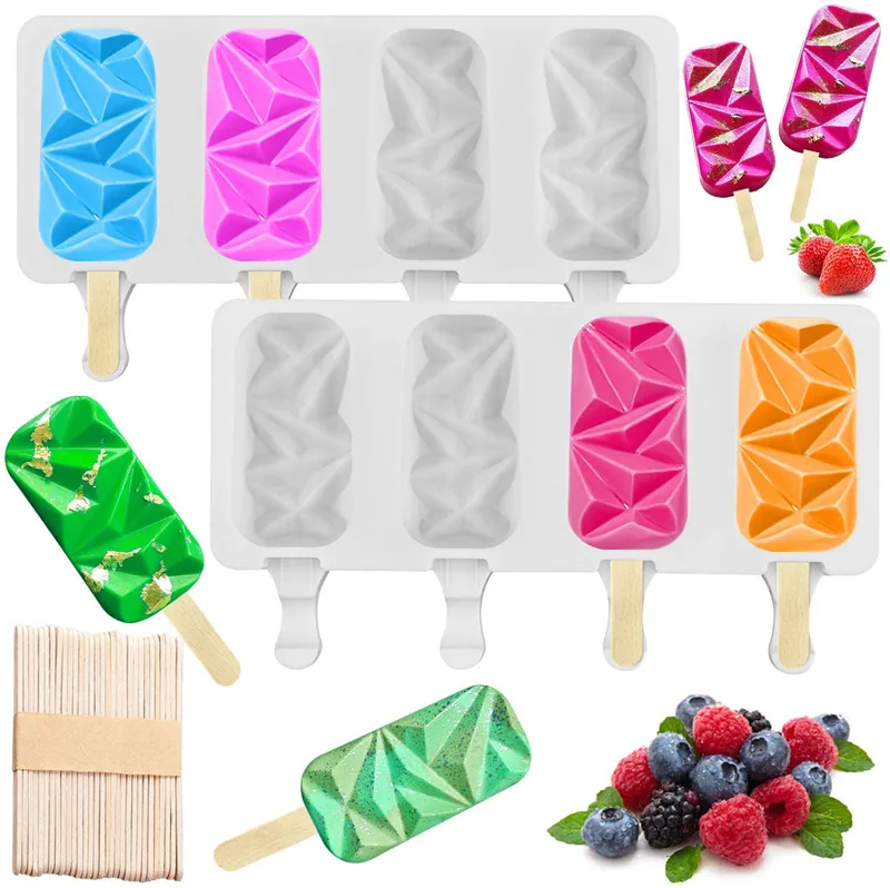 OEM & ODM Silicone Ice Molds Customized 4 Cavities Upgraded Ice Mould Homemade for DIY Ice Cubes with 50 Wooden Sticks Wholesale