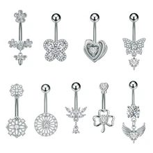 10Pcs Butterfly Wing Flower-Shaped Curved Belly Button Ring Belly Piercing Stainless Steel Dangled Navel Ring for Women Jewelry