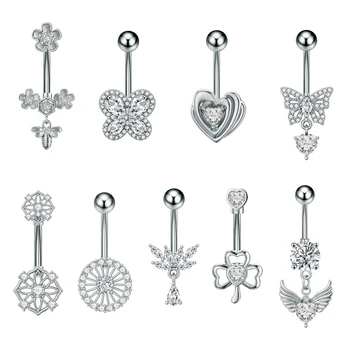 10Pcs Butterfly Wing Flower-Shaped Curved Belly Button Ring Belly Piercing Stainless Steel Dangled Navel Ring for Women Jewelry