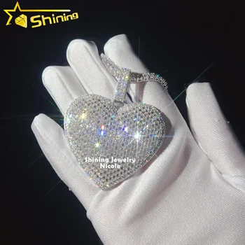 Luxury Big Heart Fully Iced Out Baguette Diamond Silver 925 Custom Moissanite Hip Hop Pendant