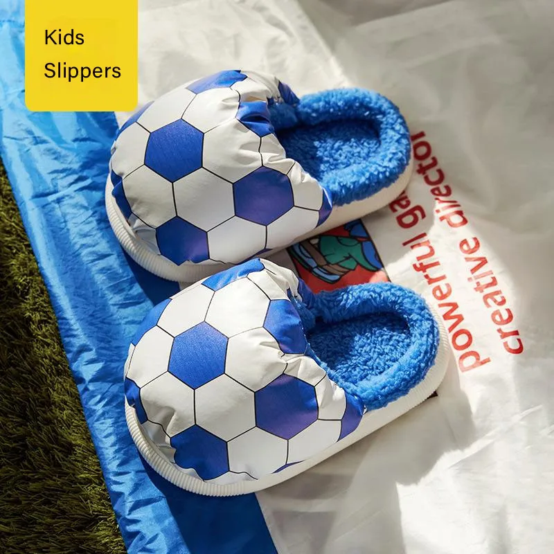 2022  new baby slippers football design down cloth waterproof upper cotton fleece kids winter slippers