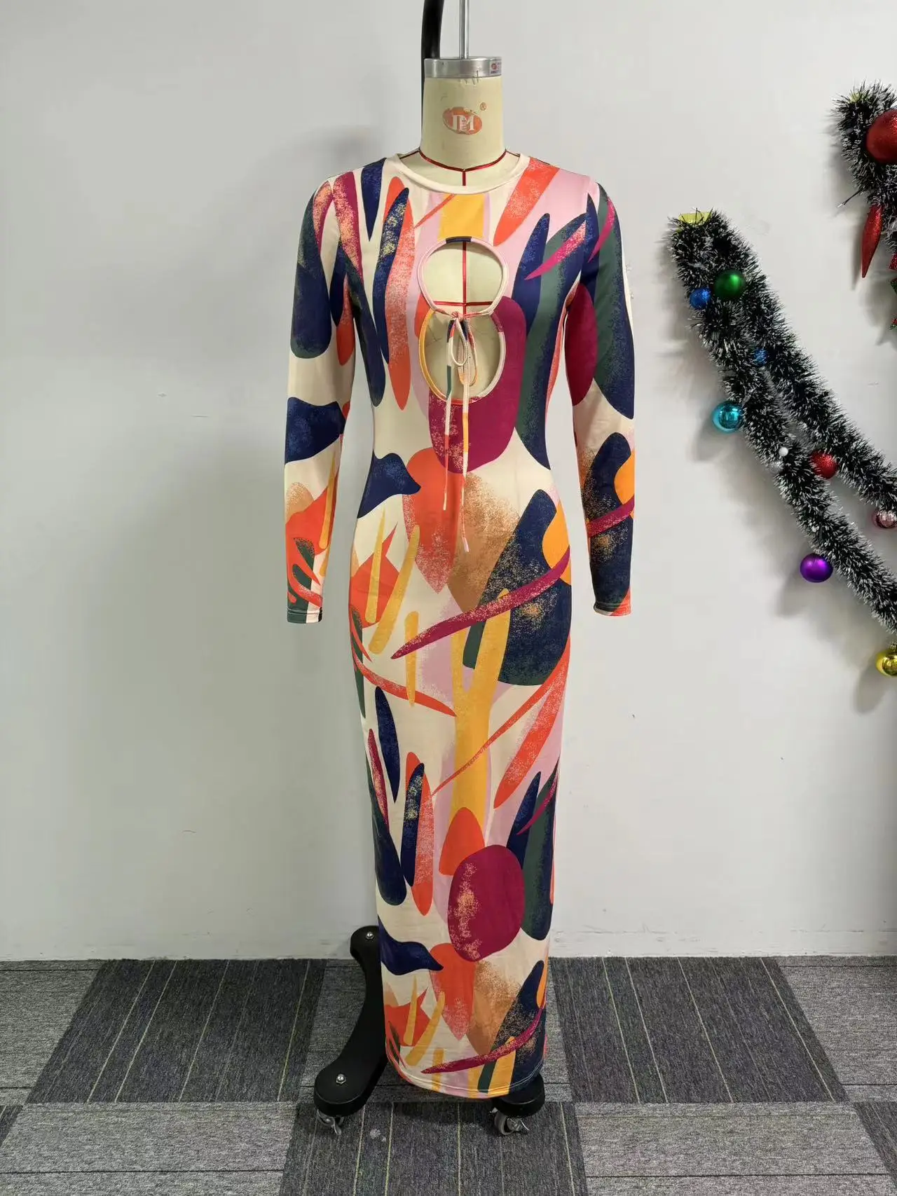 Vintage Empire Waist Summer European and American Style Printed Hollow Out Bodycon Stretch Slim Fit Long Sleeve Dress details