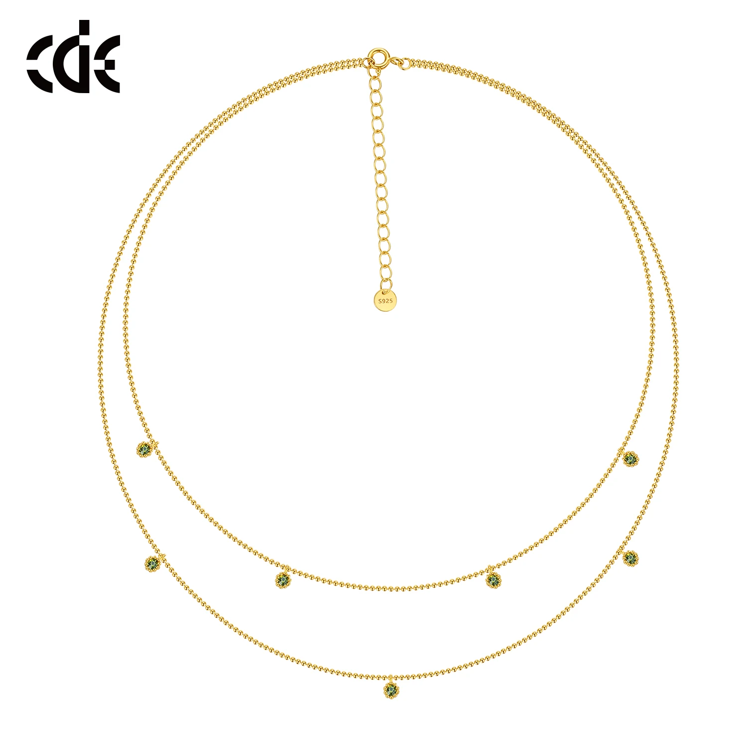 CDE YP1665 Fine 925 Silver Jewelry Necklace Wholesale Green Zircon Decorate Double Layer Chain 18K Gold Plated Choker Necklace