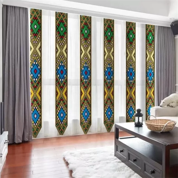 埃塞俄比亚传统设计窗帘萨巴和泰莱特遮光窗帘3D印花豪华卧室窗帘