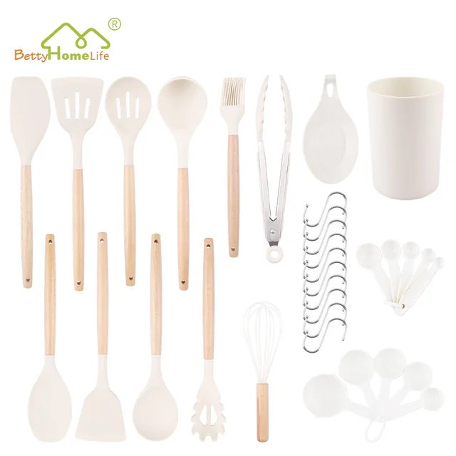 33 pcs Non-Stick Khaki Silicone Cooking Utensils Set Heat Resistant Silicone Wooden Utensils for Cooking Kitchen Gadgets