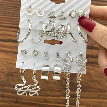 2022 Vintage Gold Silver Color Metal Chain Hoop Earrings Set For Women Fashion Pearl Circle Hoop Earrings Trend Jewelry