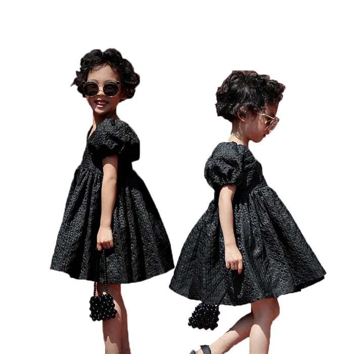 OEM ODM Hot Sell Wholesale Summer Black Puff Short Sleeve Mommy and Me Casual Dresses Family Matching Outfits for Birthday Party