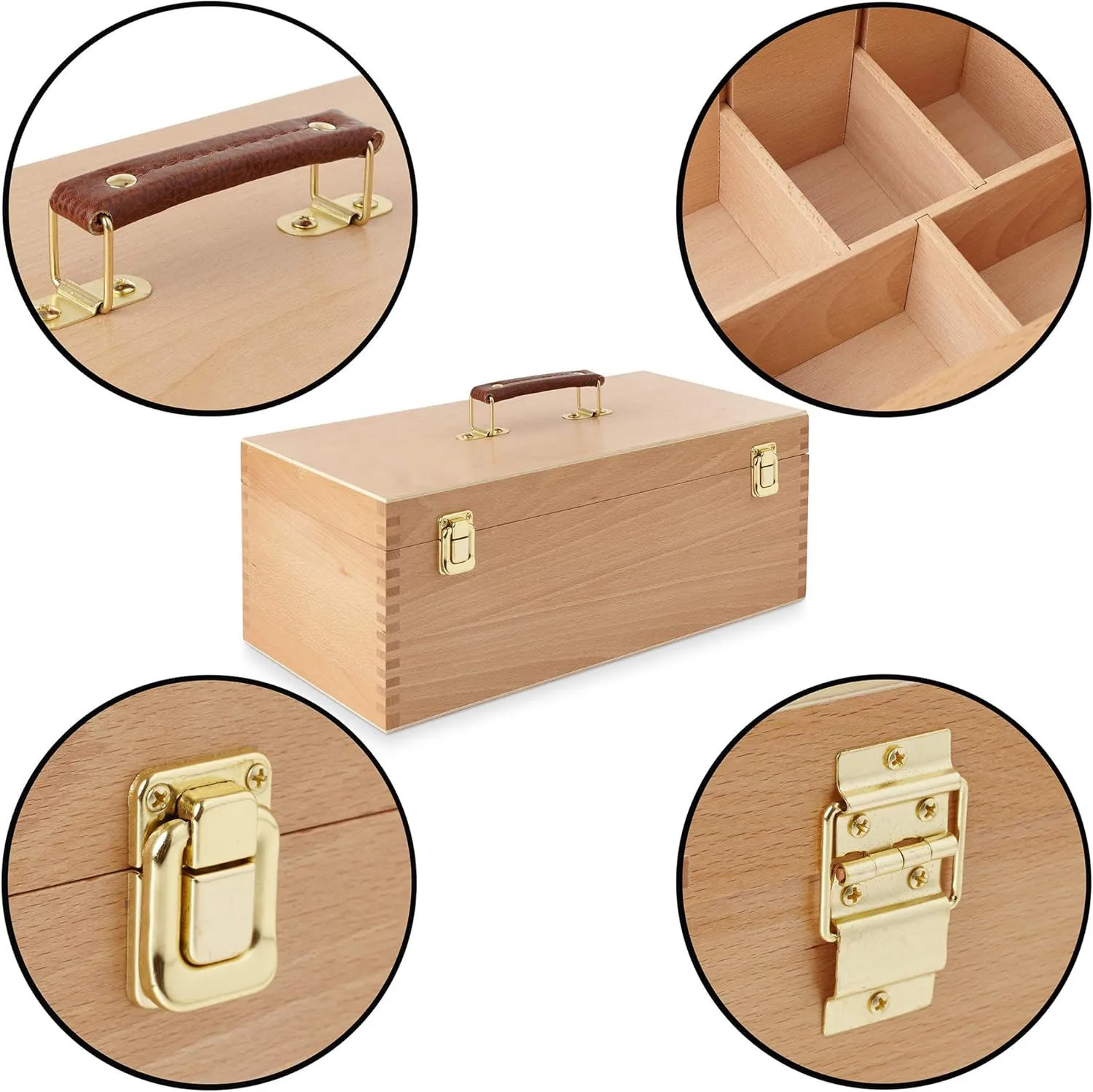 Art Supply Multi-Function Unfinished Beechwood Artist Tool Storage Box with Removable Tray & Locking Clasps