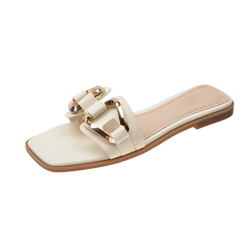 Summer New Flat Slippers Women's Metal Decorative Sandals Outer Wear  Women's Shoes Comfortable And Fashionable - Buy Ladies Fancy Flat Sandal  Naked Sandals Girls Flat Sandals Sexy Flat Sandals Office Wear Long