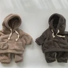 Autumn And Winter Children's Soft Plush Suit Boys And Girls Baby Warm Thick Hooded Sweater Pants Two-piece Suit