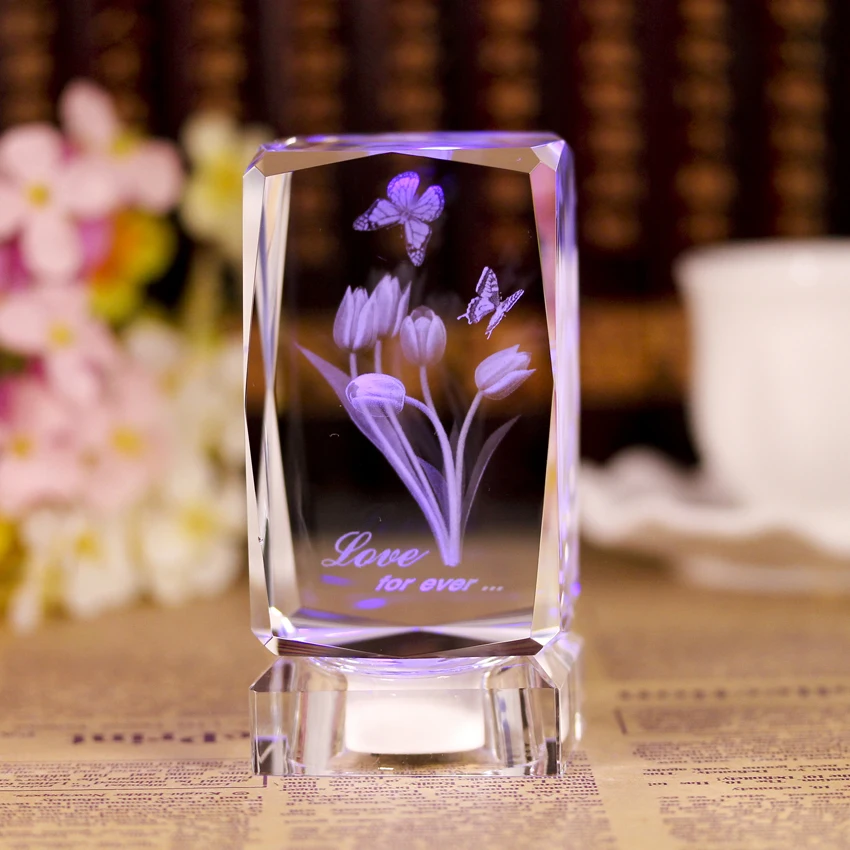 product wholesale customize crafts led light souvenir butterflies tulip flowers engraved 3d laser crystal cube-35