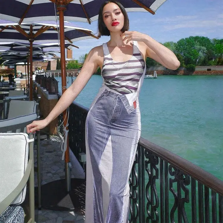 Sexy Sleeveless Digital Printing High Waist Slim Fit Long Dress Tank Top Maxi Street Wear Dress Up