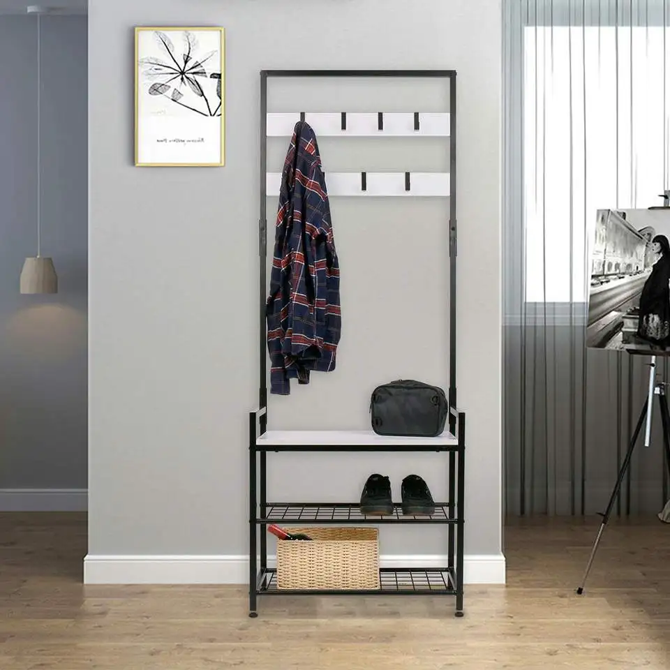 YQ Forever Modern Hallway Cabinet Shoe Shelf Removable Hooks Metal Frame Entryway Table Storage Coat Rack