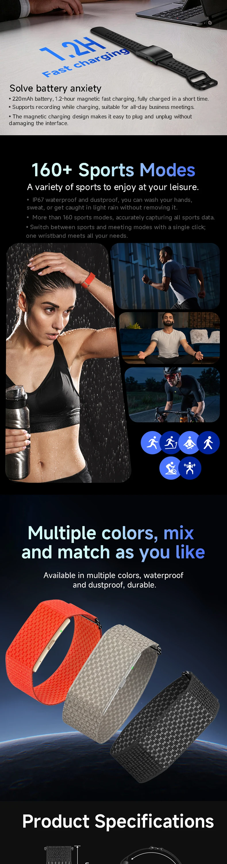 product 2026 smartwatch bracelet voice dictation ai summarization fitness tracker heart rate sleep monitoring bt53 smart bracelet es100-5
