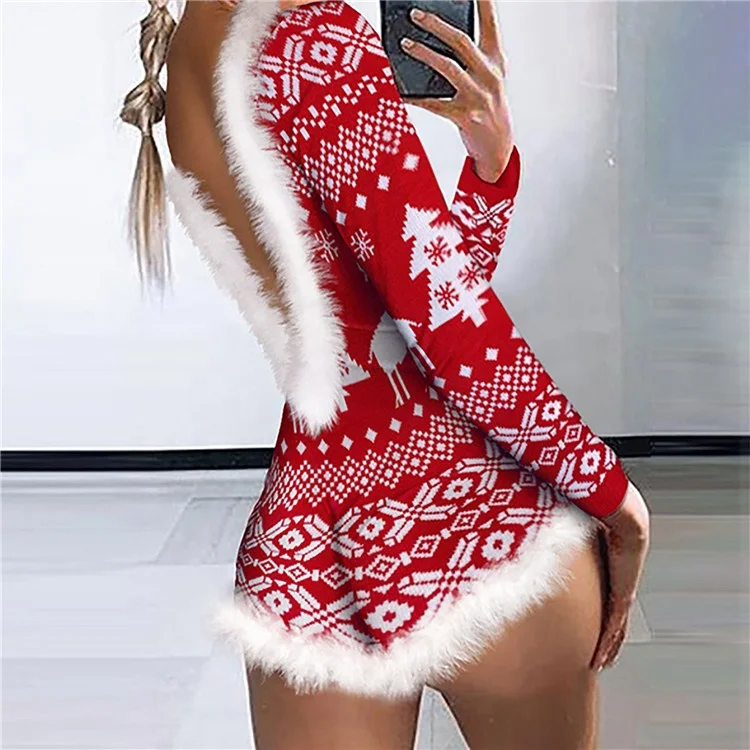 Womens Christmas Romper Shorts Long Sleeve Xmas Playsuit Romper Stretchy Pajamas Sexy Back Deep V Bodysuit