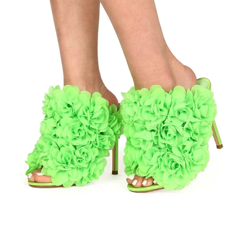 2024 Custom Logo Plus Size Women Open Peep Toe High Heels Flower Sandal Mules Ladies Fashion Heel Slippers Mules
