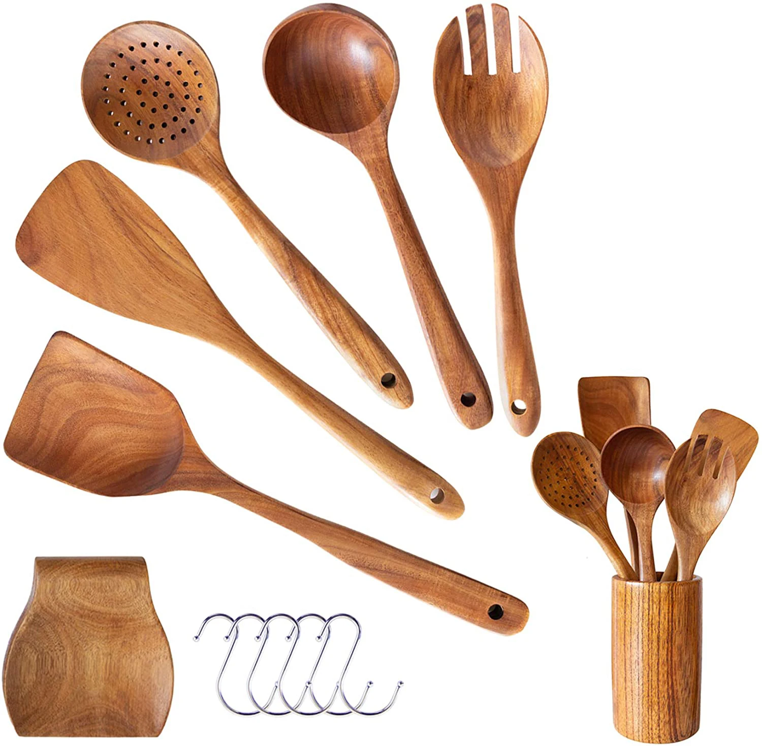 Set of wooden kitchen utensils with brackets, natural hand-made teak spatula, spoons, forks and wooden spoon holders and bracket