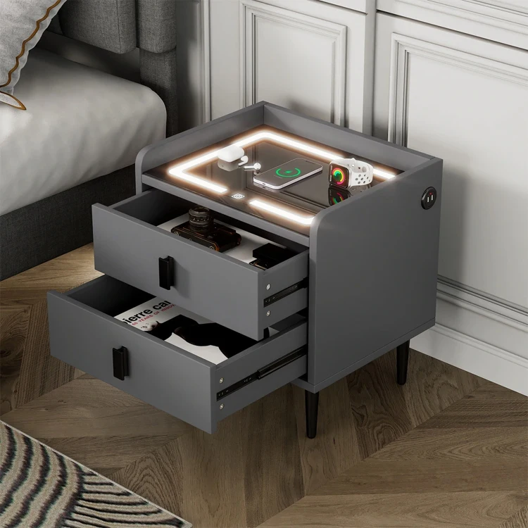 Modern smart drawer bedroom living room night stand bedside table with glass top