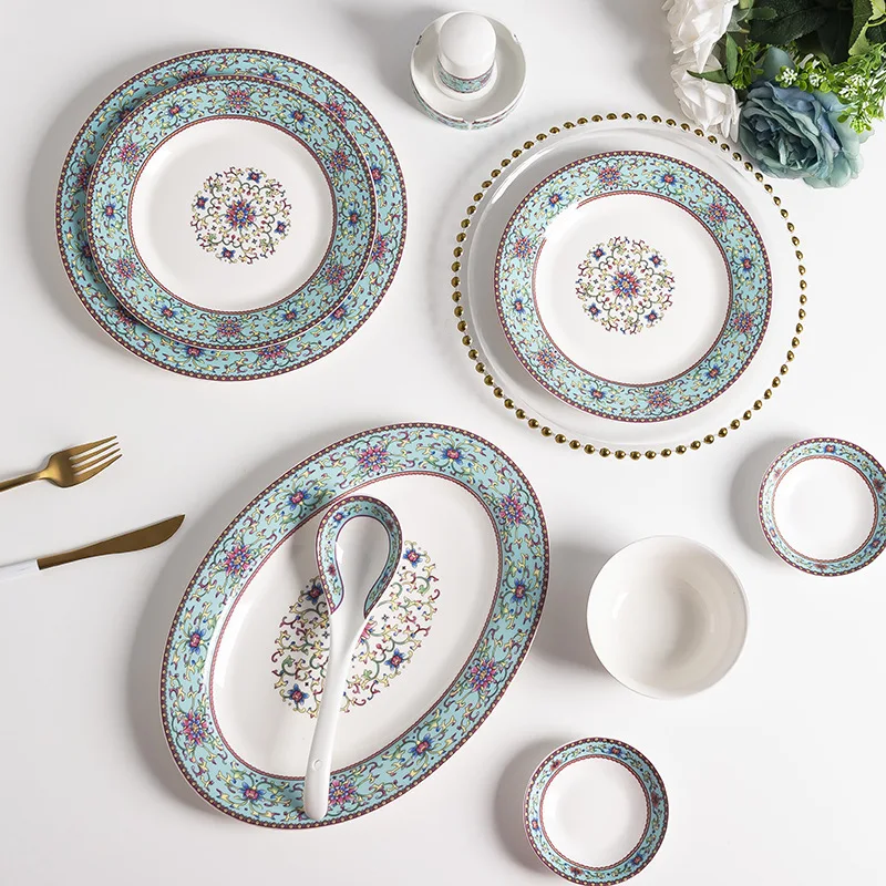 Tableware Set, Jingdezhen 56-Set Household Bone China Bowl And Dish Set, Color Enamel Ceramic Tableware Private Logo Gift Set