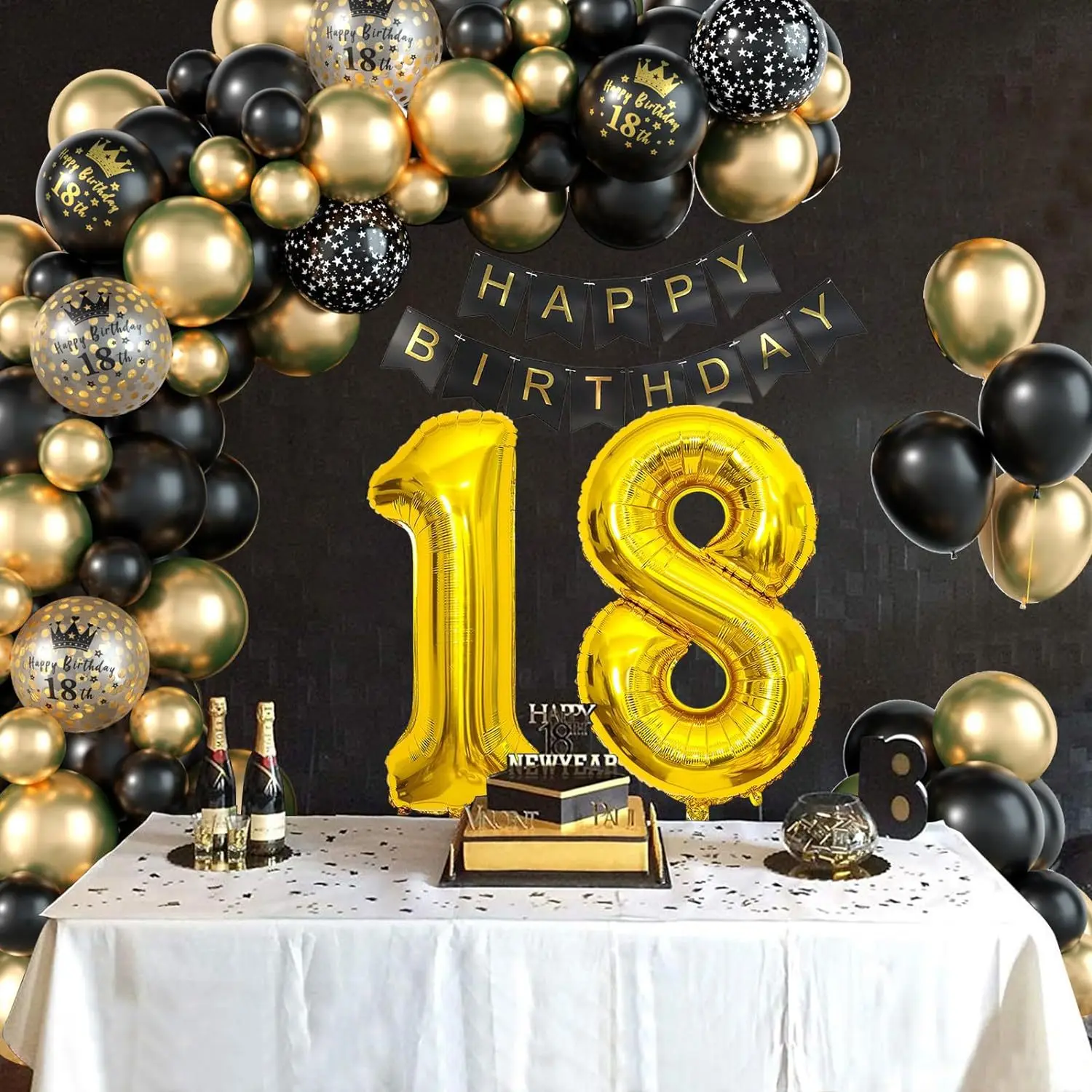 18th Birthday Decorations Boys Black Gold Balloons Arch Kit with Number Foil Confetti Balloon Happy Birthday Banner Party Decor