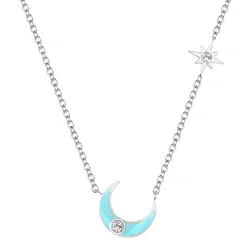 18K Gold Plated Stainless Steel Jewelry Chain Blue Epoxy Mini Moon Pendent Accessories Necklace P213207
