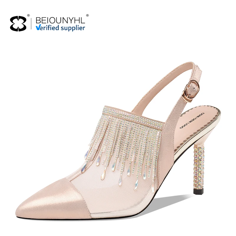 genuine leather custom tassel diamond chain pointy heel 8CM stilettos luxury sexy summer hollow mesh lady sandals